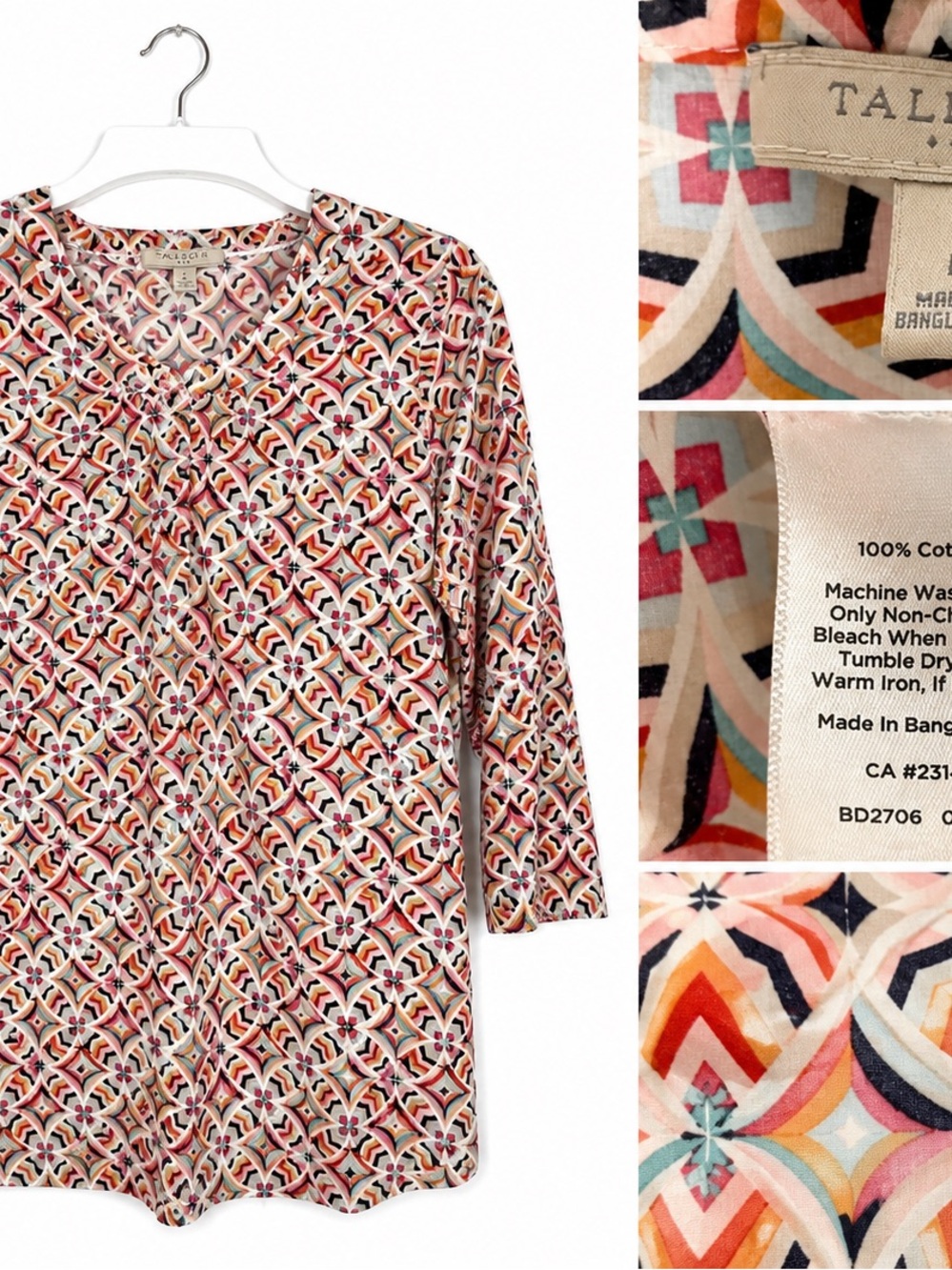 Talbots Size L Womens Blouse Top Shirt 3/4 Sleeve Multi Colored 100% Cotton